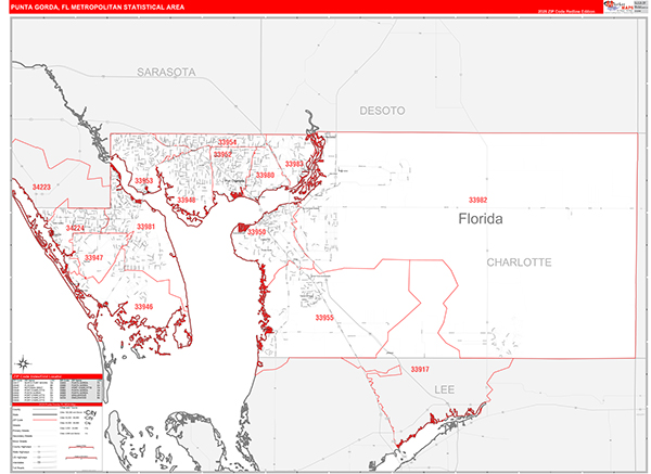 Punta Gorda Metro Area Wall Map Red Line Style